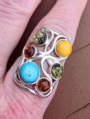 Multi-Stone Ring W Baltic Amber, Rust & Green Amber, & Turquoise (9)